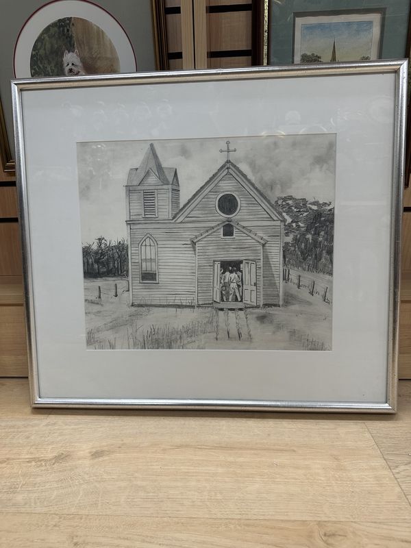 Artwork (Pencil Drawing). Church. Silver Frame with White Matting. 24.5&quot;W x 22&quot;H