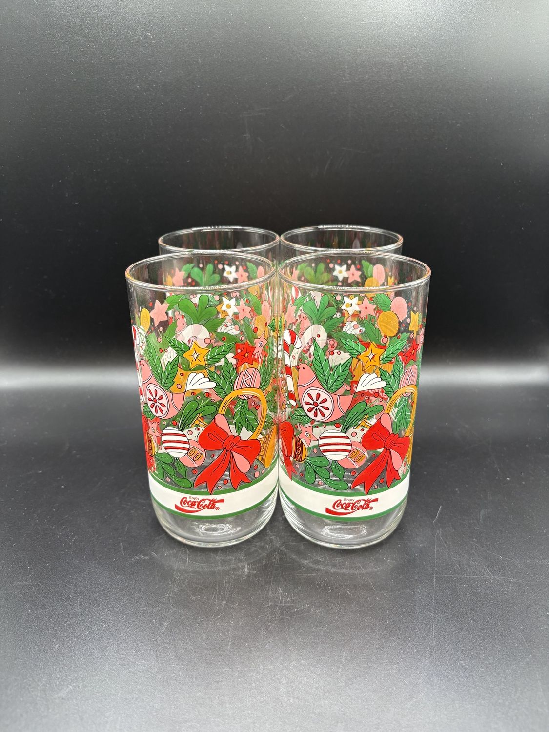 Glass. USA. Coca-Cola. Jack&#39;s Christmas Drink Tumblers. Set of 4. 5.75&quot;H