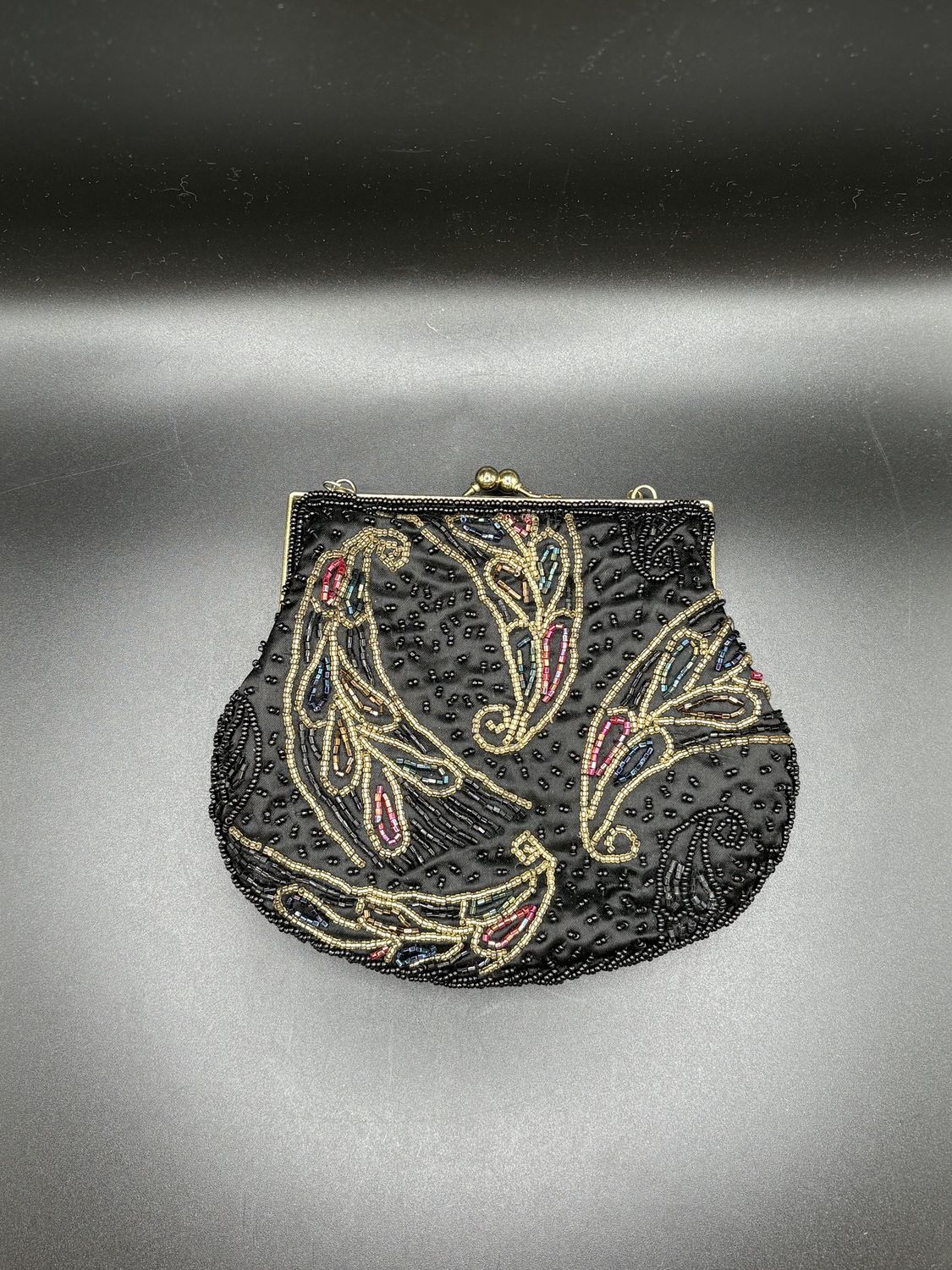Purse. China. La Regale. Black and Gold Beaded Clasp Bag w/Paisley Design. Vintage. 7&quot;L x 5.75&quot;W