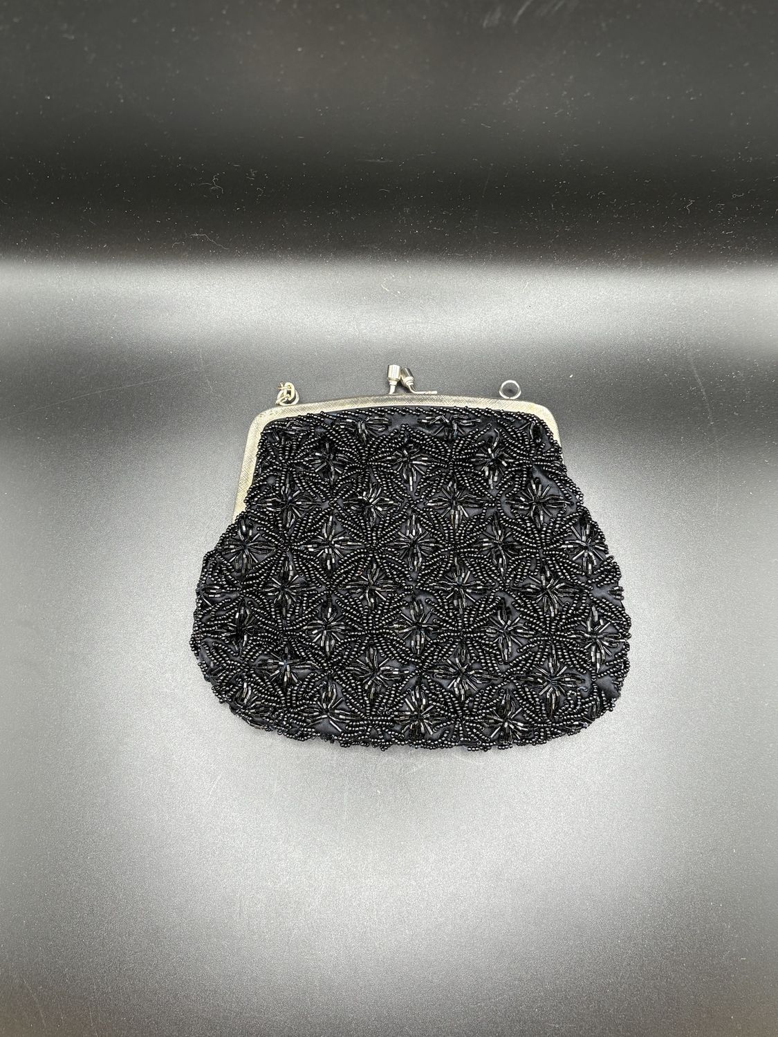 Purse. Hong Kong. Black Beaded Evening Bag w/ Silver Clasp. Vintage. 7&quot;L x 6&quot;W