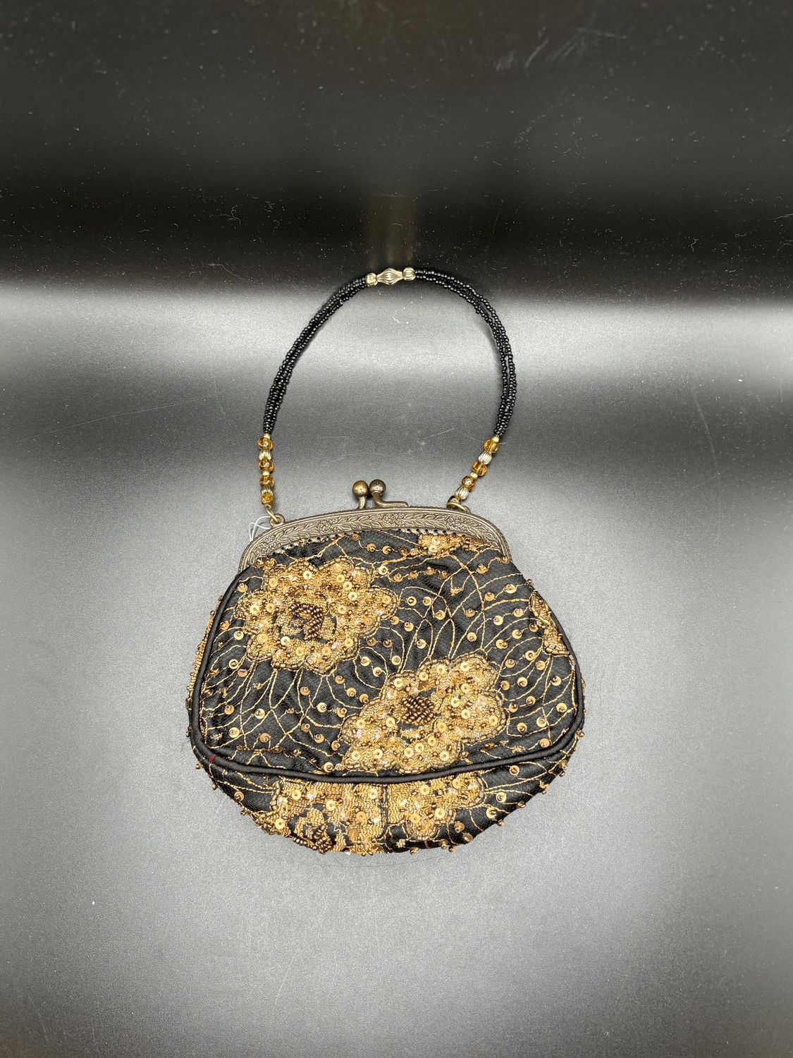 Purse. India. Christiana. Black and Gold Beaded Evening Bag w/ Gold Clasp. 7&quot;L x 6&quot;W