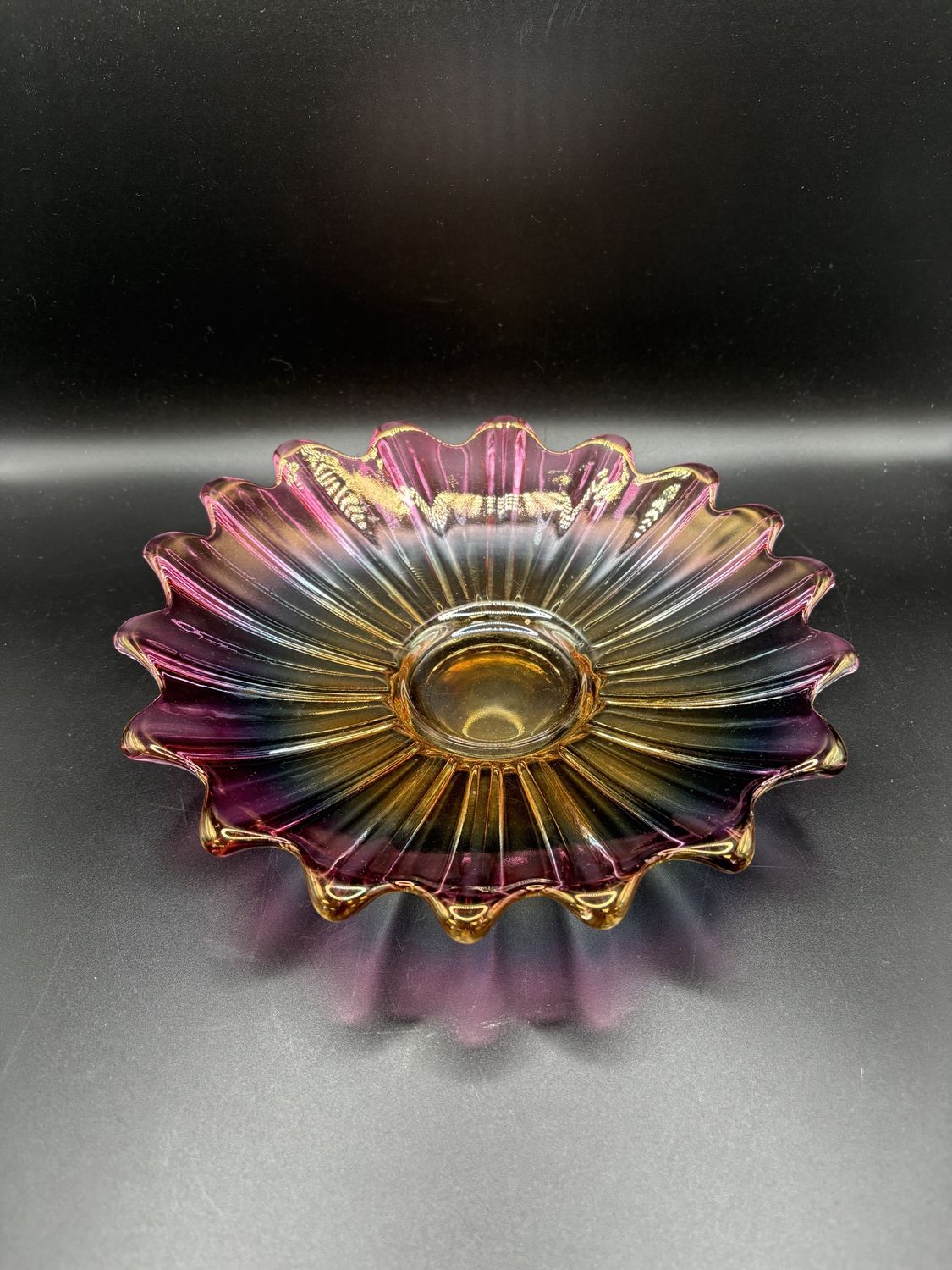 Glass. USA. Iridescent Flower-shaped Dish. 9&quot;W