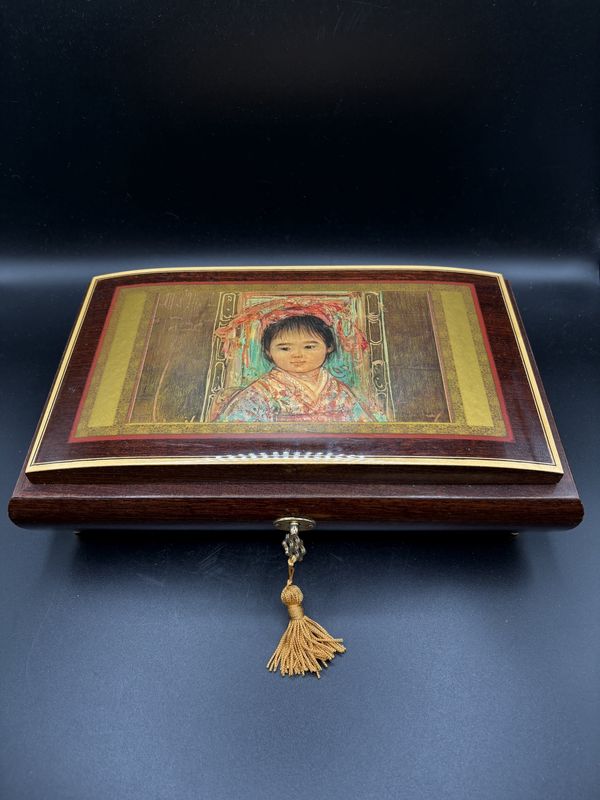 Jewelry/Music Box. Italy. Wooden Music Box featuring &quot;Shizue&quot; by Edna Hibel. 11&quot;L x 6&quot;W x 3&quot;H