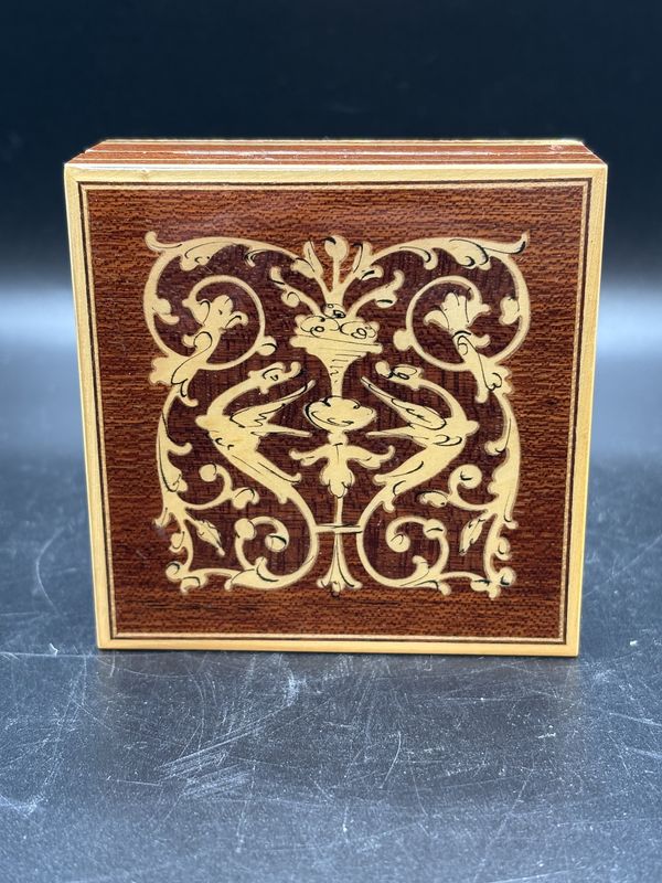 Jewelry Box. Italy. Inlaid Wooden Trinket Box w/ Floral Scrollwork Pattern. 3.5&quot;W