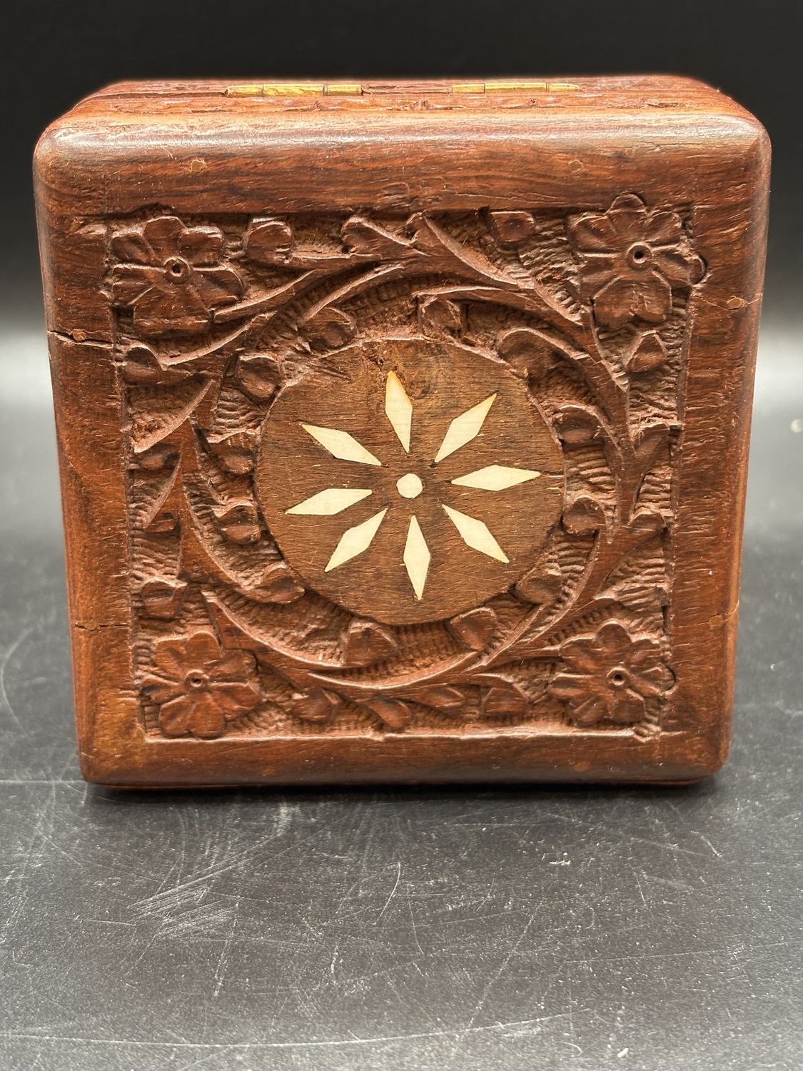 Jewelry Box. India. Hand Carved Wooden Box w/ Floral Carvings and Central Inlaid Design. 4&quot;W