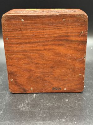 Jewelry Box. India. Hand Carved Wooden Box w/ Floral Carvings and Central Inlaid Design. 4"W