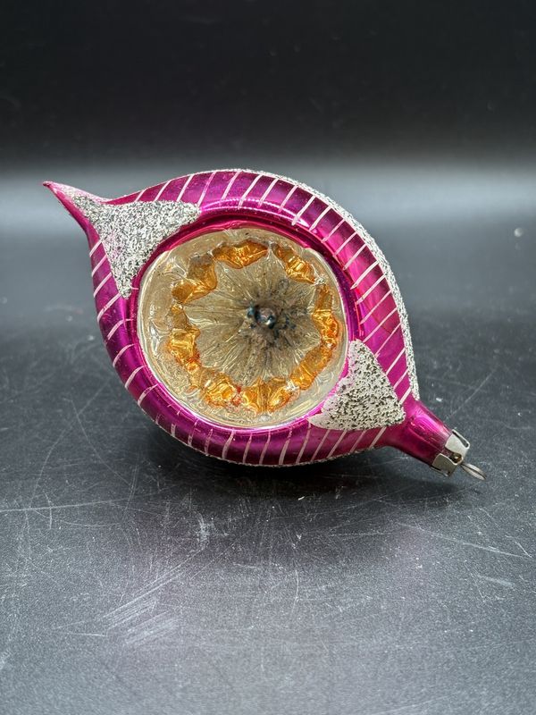 Ornament. Mercury Glass Pink w/ White Stripes and Silver/Orange Center