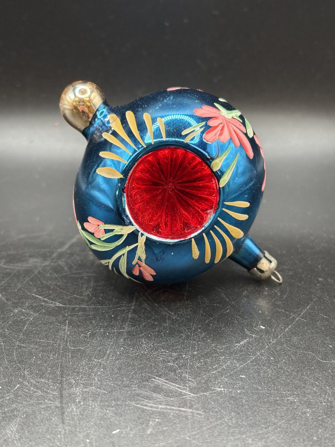 Ornament. Blue Mercury Glass Christmas Ornamnent w/ Pink Center and Yellow/Pink Floral Decoration