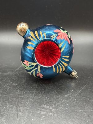 Ornament. Blue Mercury Glass Christmas Ornamnent w/ Pink Center and Yellow/Pink Floral Decoration