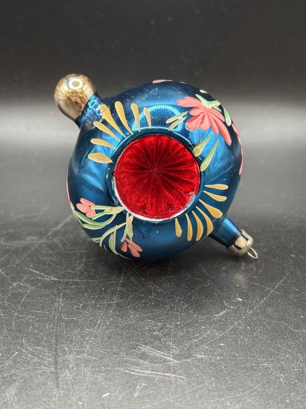 Ornament. Blue Mercury Glass Christmas Ornamnent w/ Pink Center and Yellow/Pink Floral Decoration