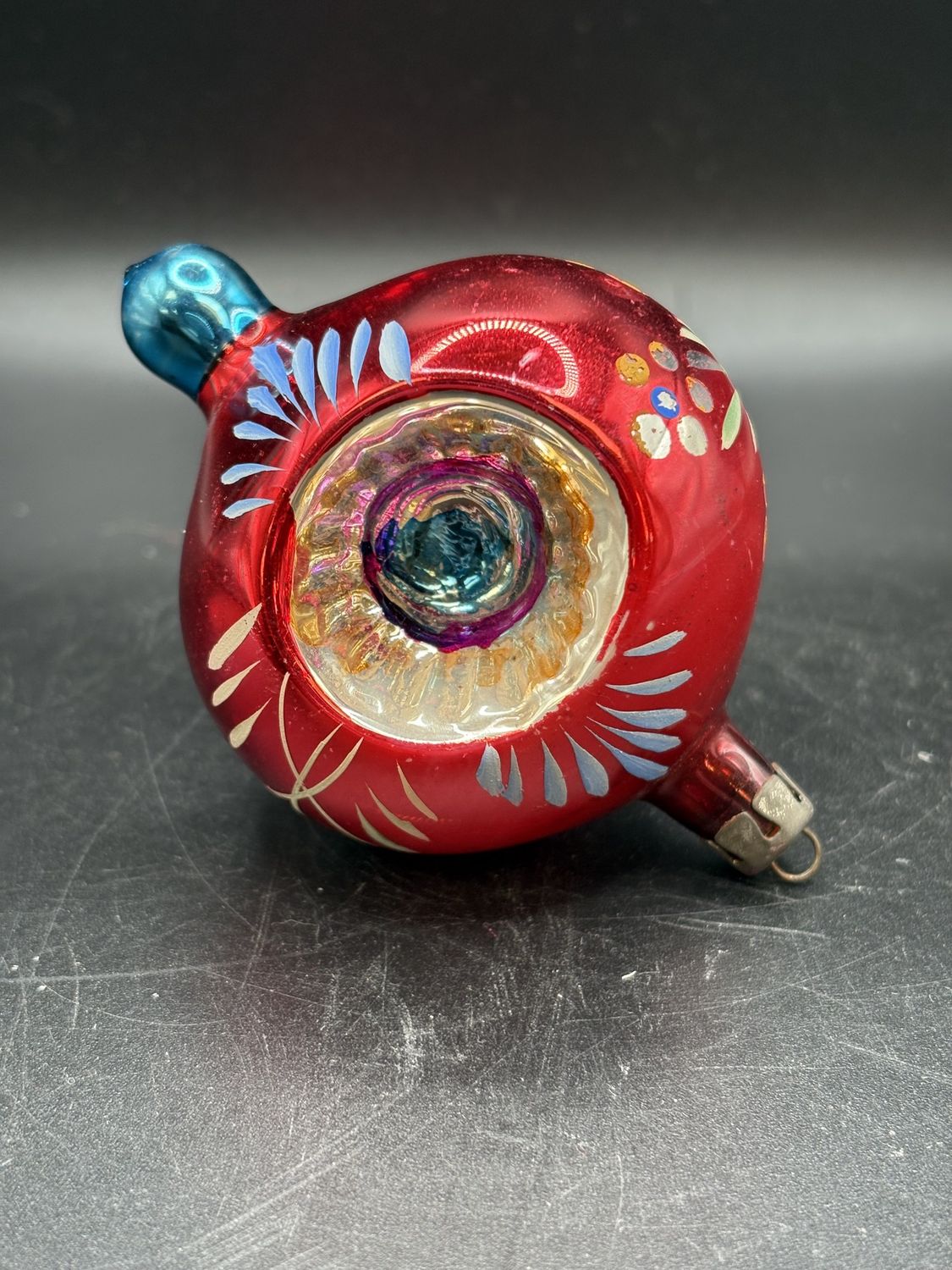 Ornament. Mercury Glass Red Sphere w/ Silver and Yellow Center w/ Blue Floral Decoration