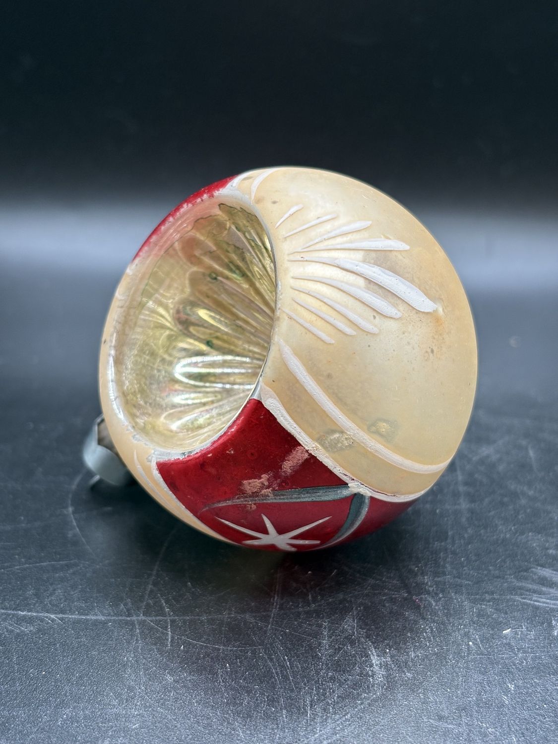 Ornament. Mercury Glass Gold Sphere w/ Red Stripe and White Floral Decoration.