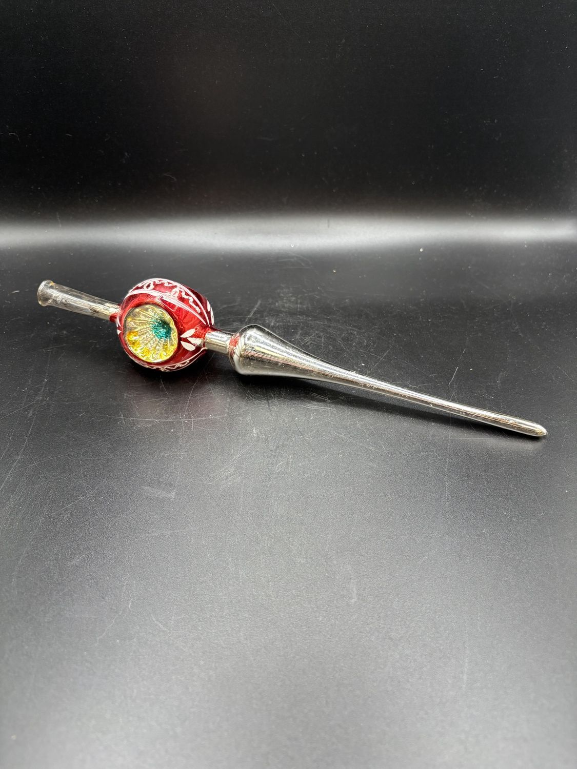 Home Decor. Mercury Glass Christmas Topper. Silver Color w/ Red Sphere and Yellow and Green Center