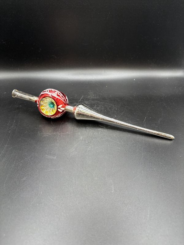 Home Decor. Mercury Glass Christmas Topper. Silver Color w/ Red Sphere and Yellow and Green Center