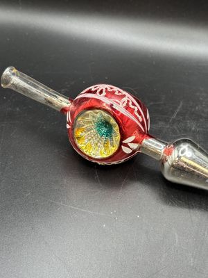 Ornament. Mercury Glass Christmas Topper. Silver Color w/ Red Ball and Yellow and Green Center
