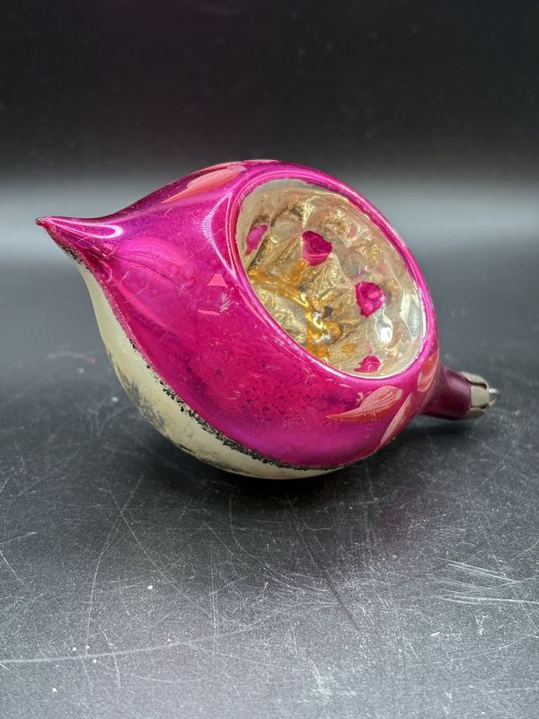 Ornament. Mercury Glass Pink and White Striped w/ Silver and  Pink Center.