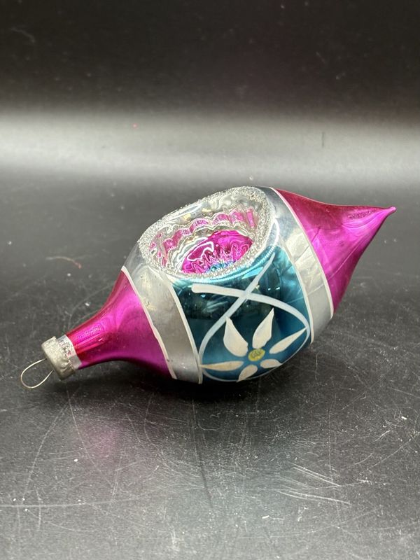 Ornament. Mercury Glass Pink w/ Blue and White Stripe and Silver Center.
