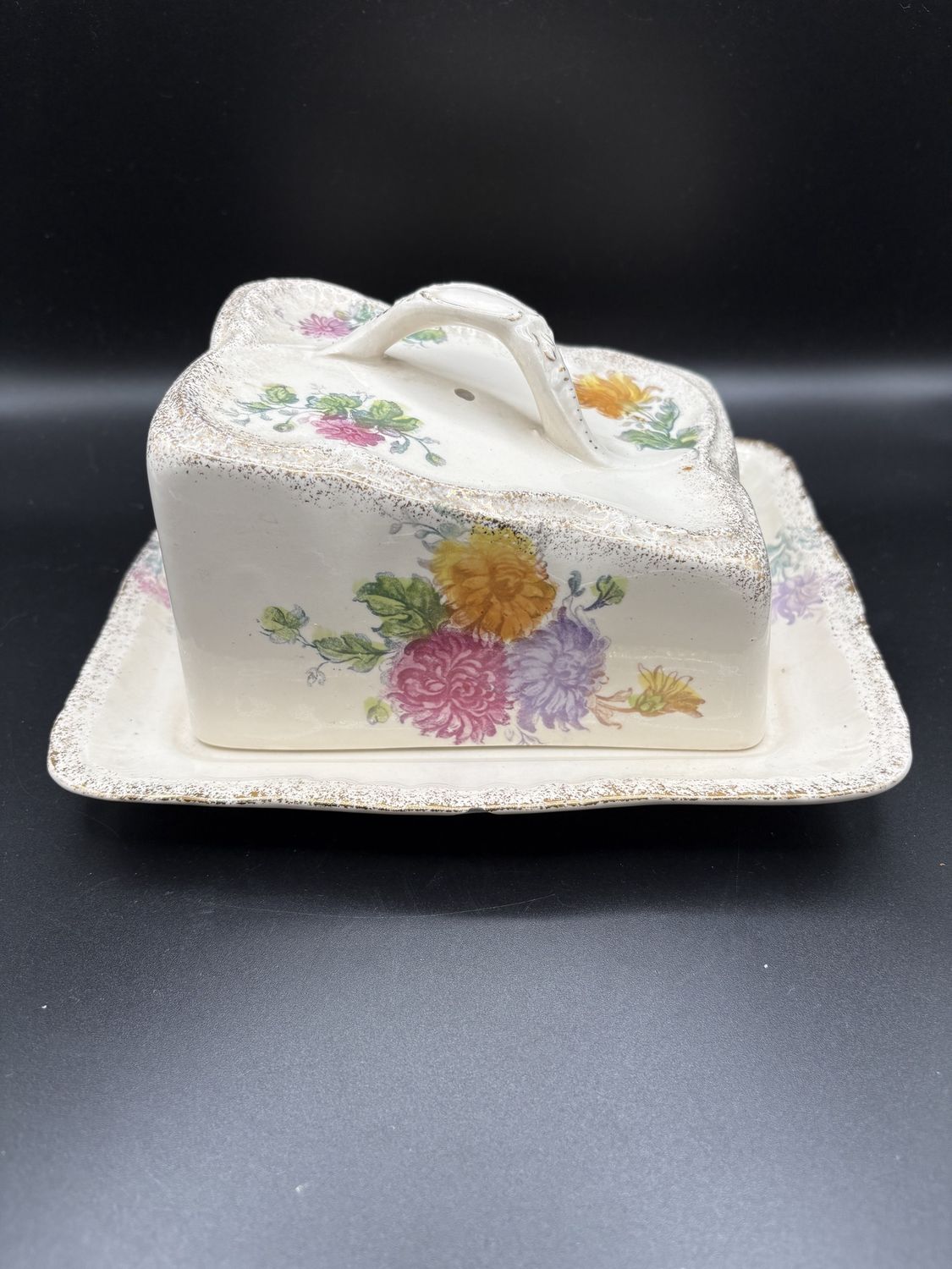 Porcelain. Germany. Franz Anton Mehlem. Covered Cheese Dish. White w/ Floral Decoration. Antique. 5"H