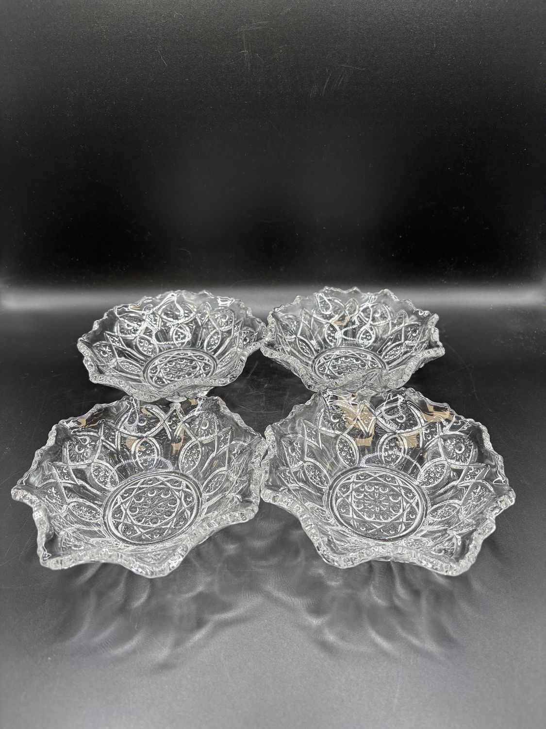 Glass. USA. Set of 4 Clear Early American Pattern Candy Dishes. 5"L x 5"W x 3.5"H