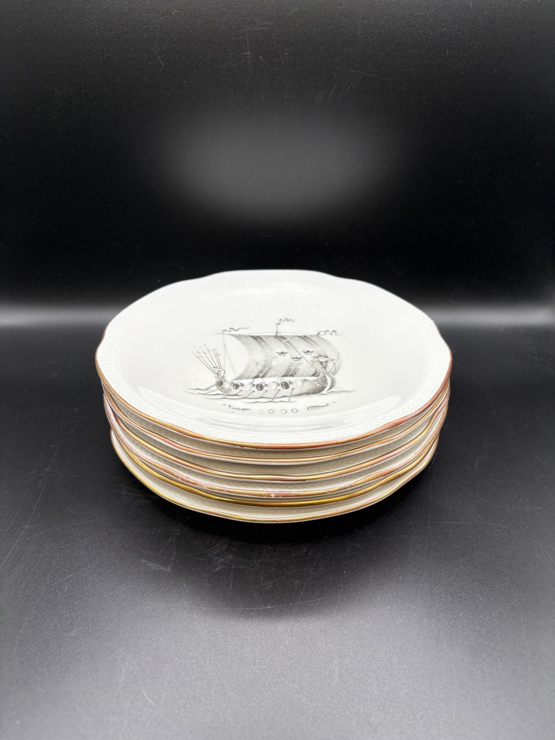 Porcelain. Sweden. Rorstrand. Sverige Ship Plates w/ Gold Trim (Set of 6). 8"W