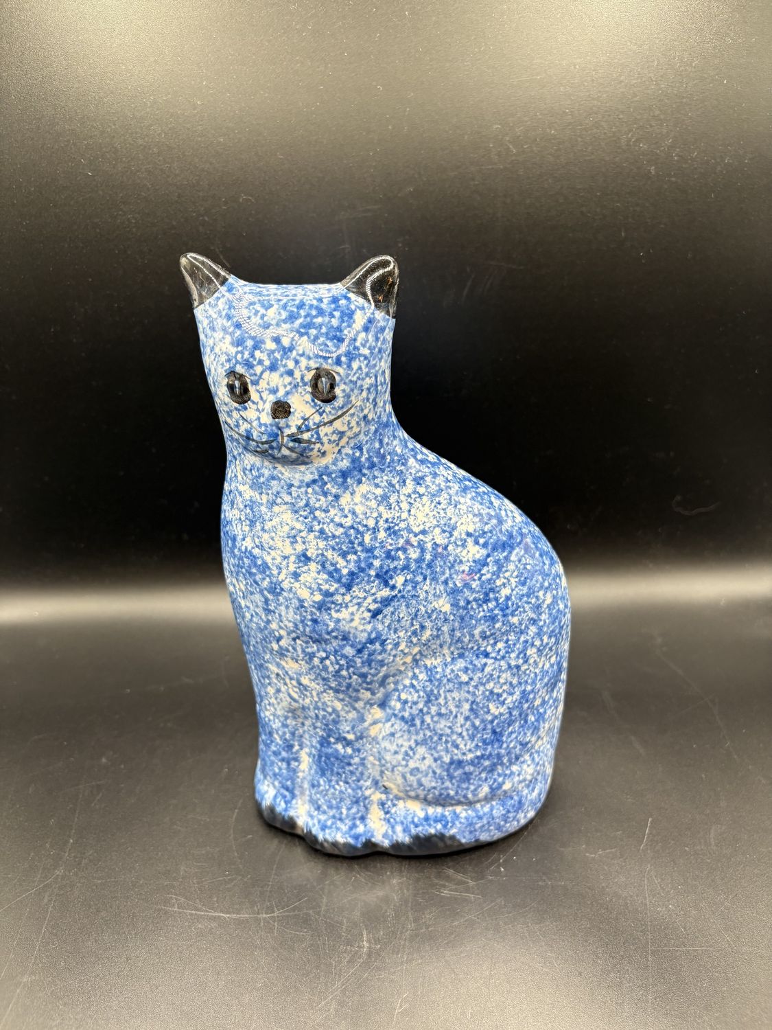 Ceramic. Blue Spongeware Cat Bank. 9"H