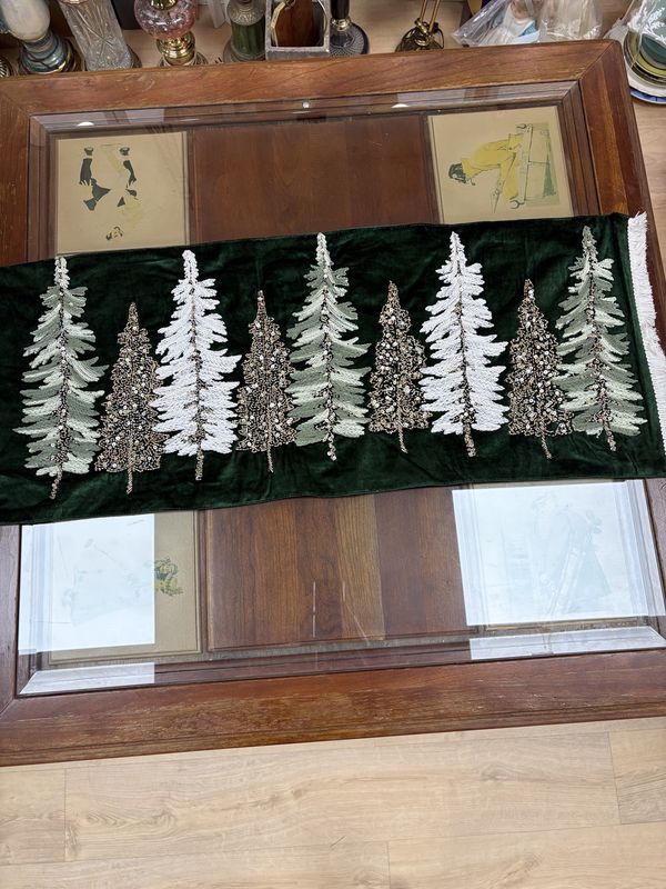 Home Decor. USA. Tahari Home. Christmas Table Runner, Green w/ Green/White /Gold Trees. 14" x 36'