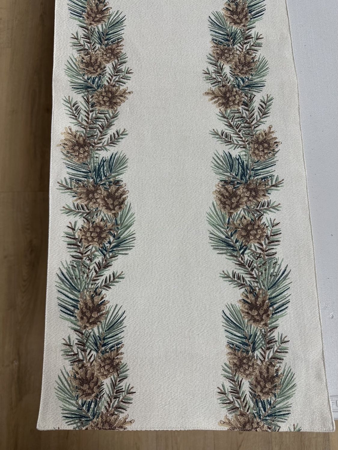 Housewares. Runner. Light Gold Sparkle w/Two Rows of Pinecone Branches. 14&quot;W x 72&quot;L