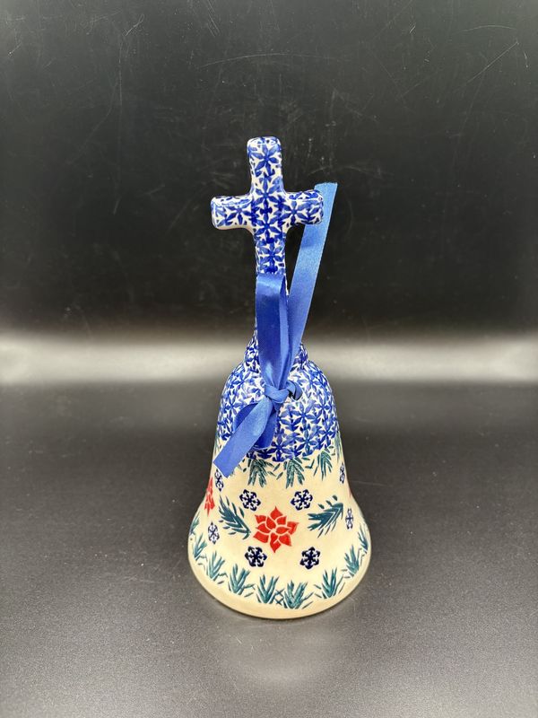 Polish Pottery. Poland. Handmade Bell with Cross as Handle. 8"H