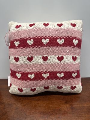 Decor. Hearts &amp; Kisses. NEW. Knit Pillow. Red, Pink, &amp; Cream Striped w/Hearts. 13" square