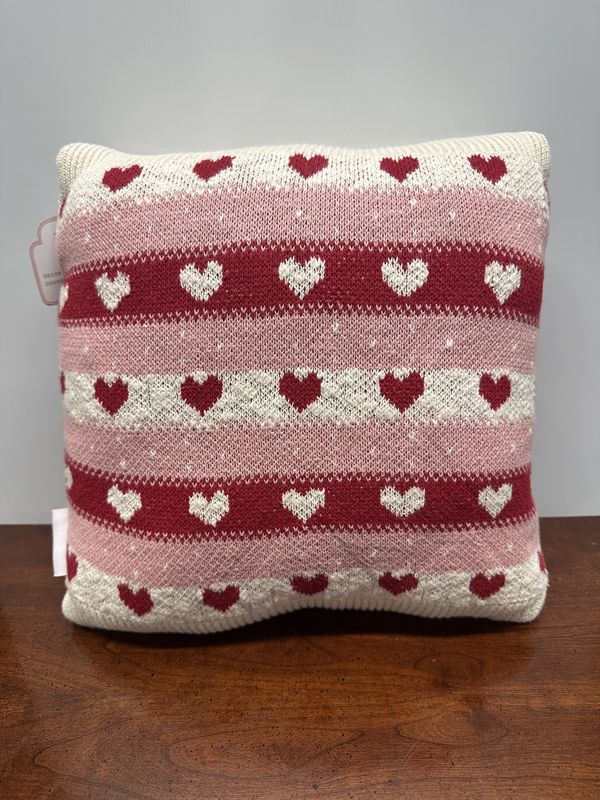Decor. Hearts &amp; Kisses. NEW. Knit Pillow. Red, Pink, &amp; Cream Striped w/Hearts. 13" square