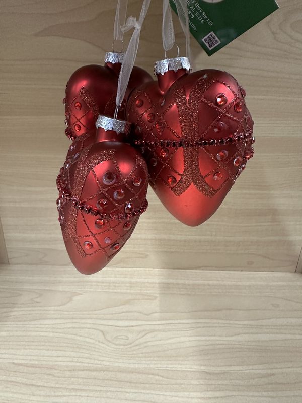 Ornament. Glass Heart. Red with Jewels &amp; Glitter. 4"H (Set of 4)