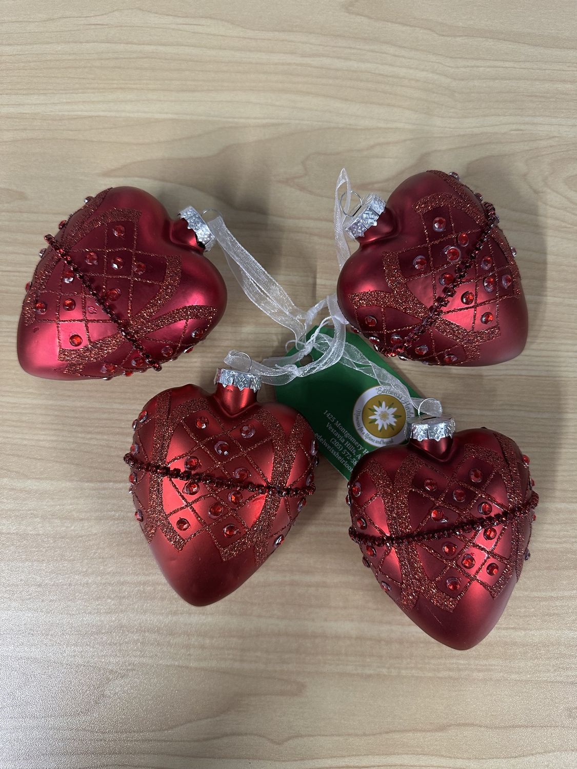 Ornament. Glass Heart. Red with Jewels &amp; Glitter. 4"H (Set of 4)