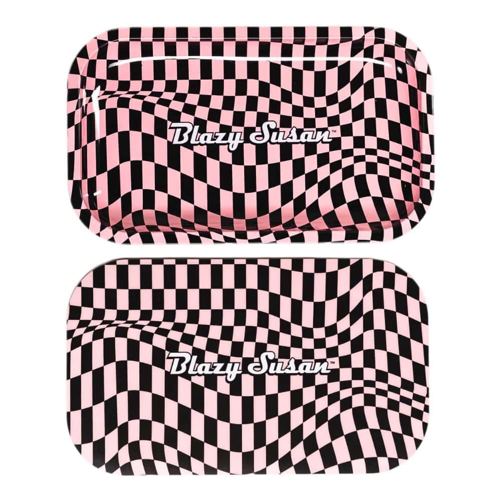 Medium Blazy Susan Metal Rolling Tray w/ Lid - Trippy Checkers