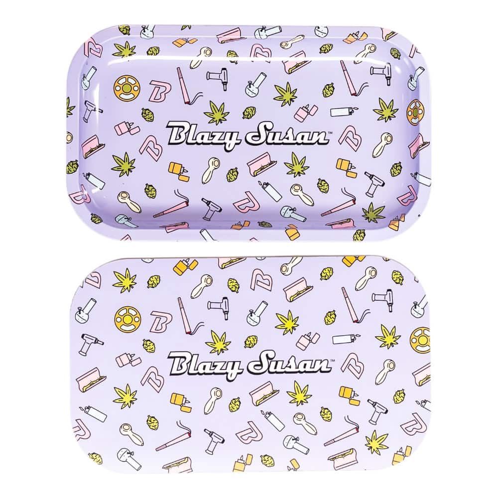 Medium Blazy Susan Metal Rolling Tray w/ Lid - Purple Icons