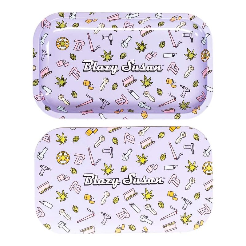 Medium Blazy Susan Metal Rolling Tray w/ Lid - Purple Icons