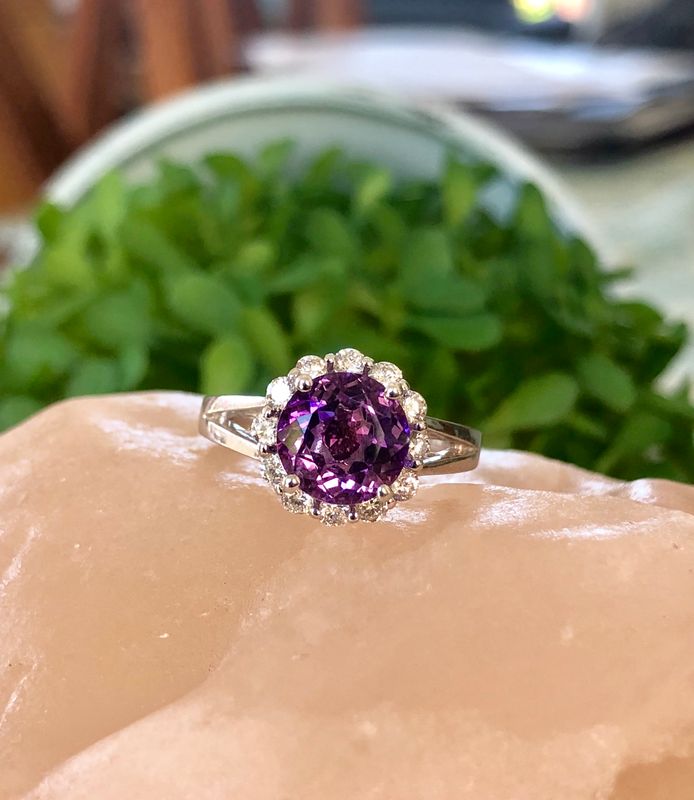 14K White Gold, Amethyst & Diamonds Halo Ring