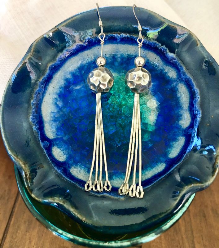Silver Geometric Ball Dangle Earrings