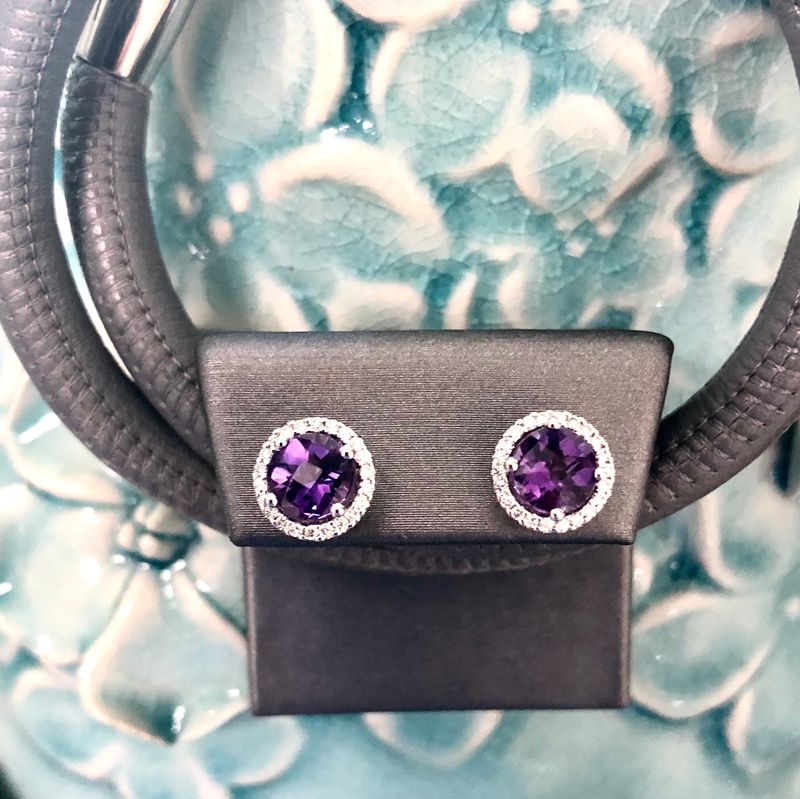 Amethyst & Diamond Halo Stud Earrings