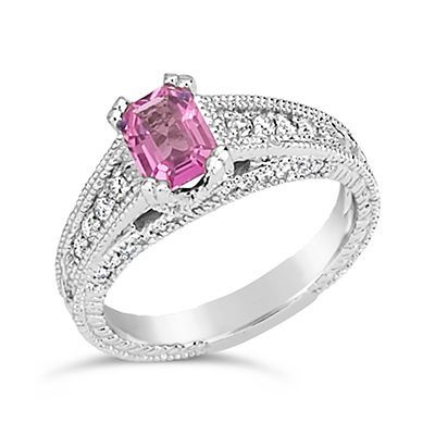Vintage engagement ring with emerald cut pink sapphire