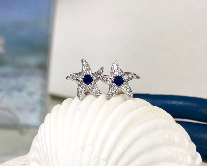 Diamonds & Sapphire Starfish Stud Earrings