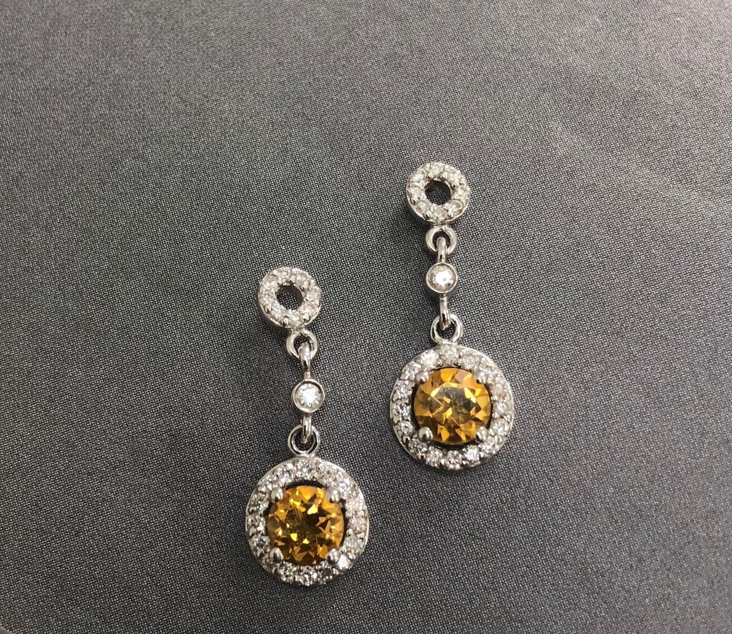 Round. Citrine and Diamond Halo Dangle earring