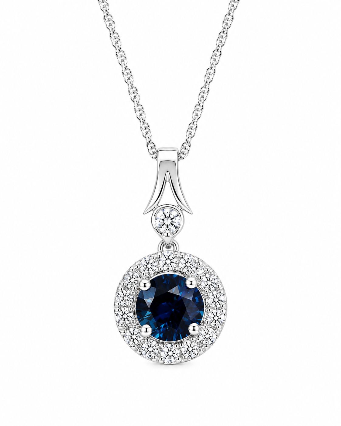 14K White Gold Blue Sapphire & Natural Diamond Halo Pendant Necklace 14K White Gold Blue Sapphire & Natural Diamond Halo Pendant Necklace