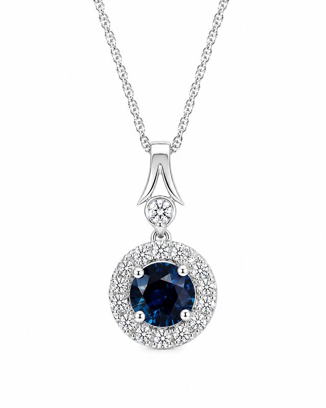 14K White Gold Blue Sapphire & Natural Diamond Halo Pendant Necklace