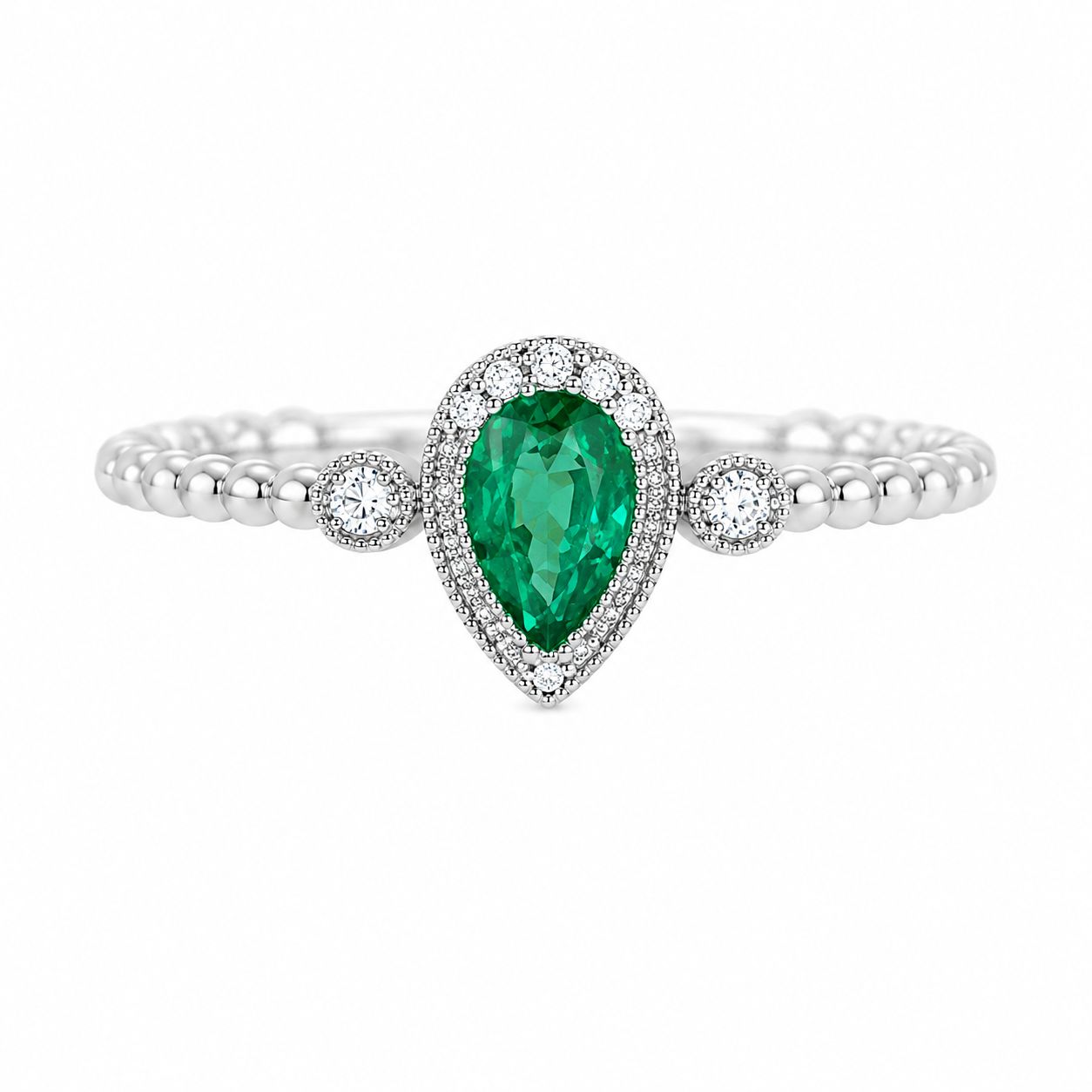 14K White Gold Natural Emerald & Diamond Halo Ring 14K White Gold Natural Emerald & Diamond Halo Ring