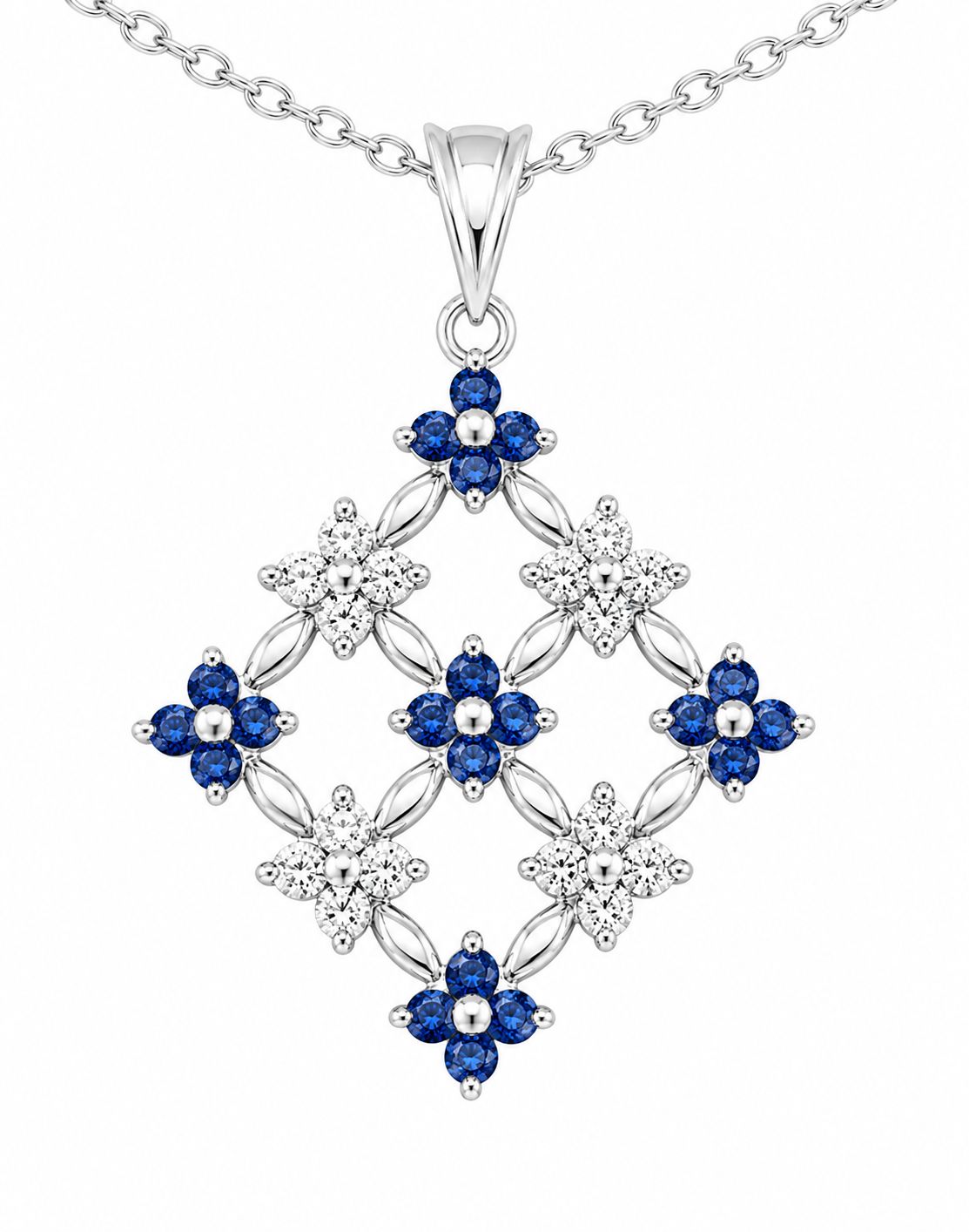 14K White Gold Sapphire & Natural Diamond Floral Pendant Necklace 14K White Gold Sapphire & Natural Diamond Floral Pendant Necklace