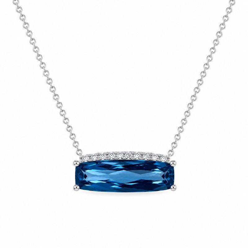 14K White Gold London Blue Topaz & Natural Diamond Bar Pendant Necklace