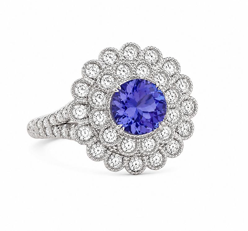 14K White Gold Blue Tanzanite Double Halo Flower Ring