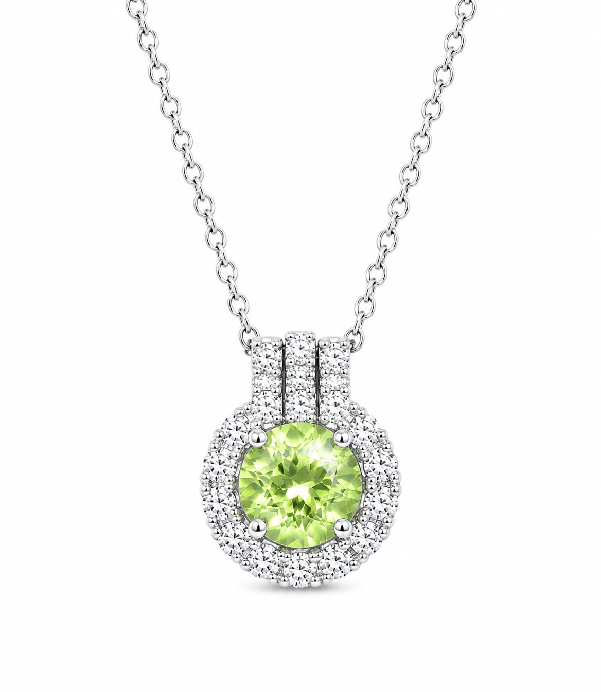 14K White Gold Peridot & Natural Diamond Halo Pendant Necklace 14K White Gold Peridot & Natural Diamond Halo Pendant Necklace