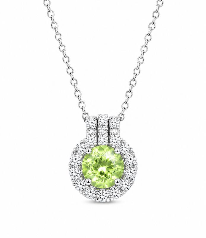 14K White Gold Peridot & Natural Diamond Halo Pendant Necklace