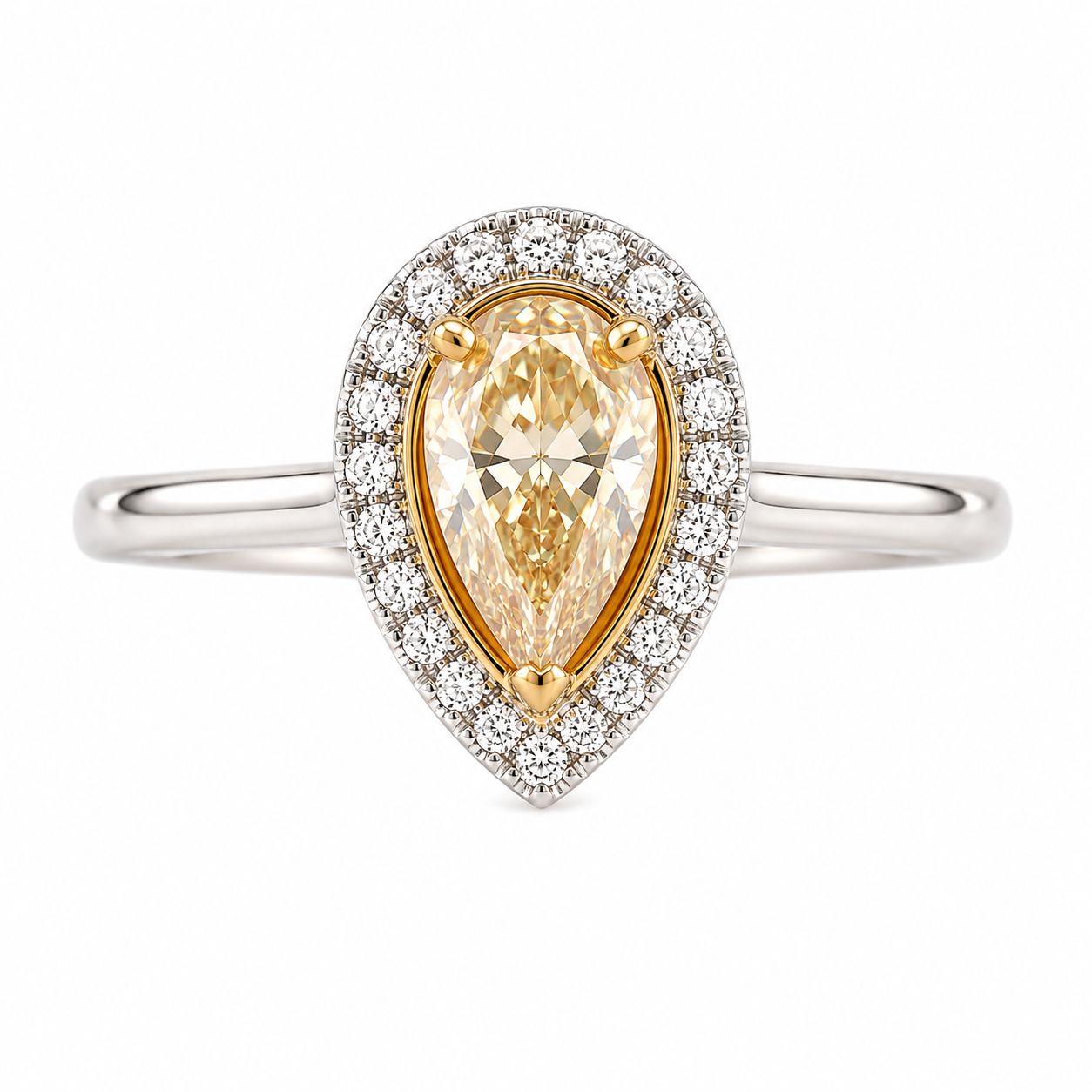14K Two-Tone Fancy Yellow Pear Diamond Halo Ring 14K Two-Tone Fancy Yellow Pear Diamond Halo Ring